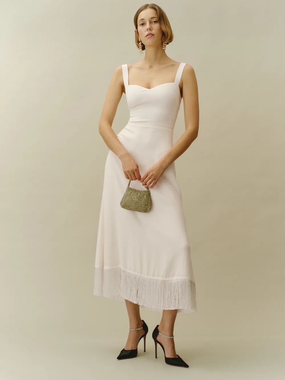 Reformation Ivory Dress with Fringed Hem - Size 0